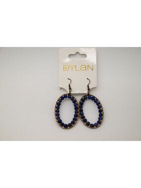 NWT Dylan Jewelry Calista Blue Brassy Tone Dangle Earrings Beaded Oval Statement